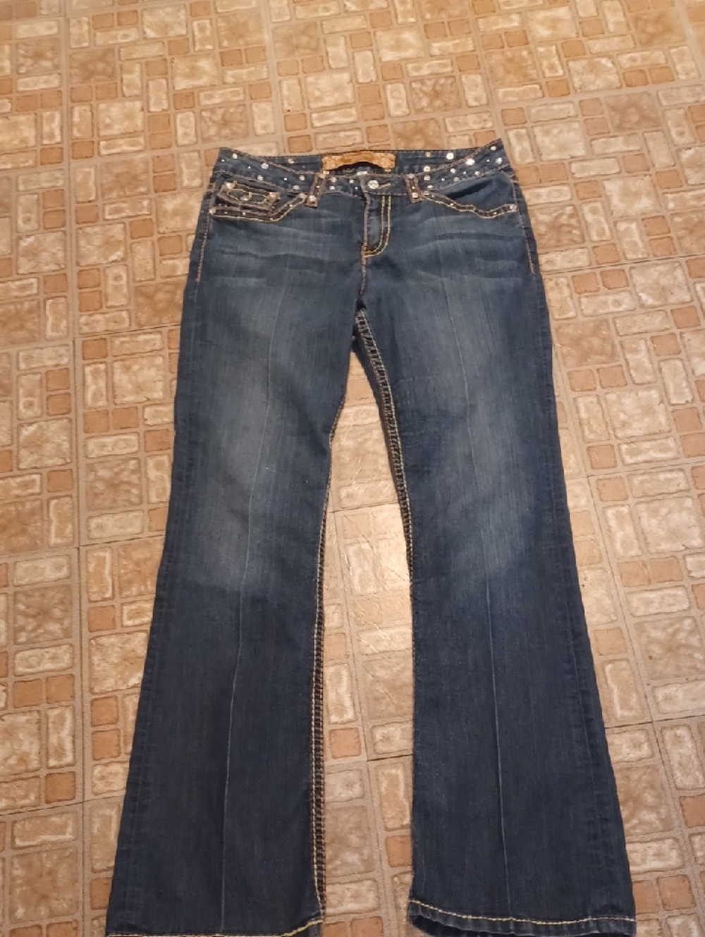 Women's Dark Blue Wide-Leg Jeans with Studded Waist Size 10